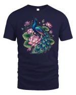 Elegant Peacock and Lotus Flower Beauty Art Graphic T-Shirt - navy t-shirt on white background