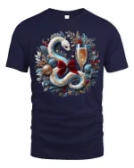 Elegant Holiday Snake Wreath Champagne Celebration Tee - navy t-shirt on white background