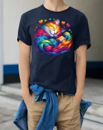 Rainbow Sleeping Cat Love Art Tee with Colorful Heart Design - model wearing navy tee with hands in pockets