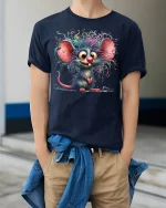 Whimsical Wild Hair Mouse Cartoon Art Tee with Colorful Style - model wearing navy tee with hands in pockets