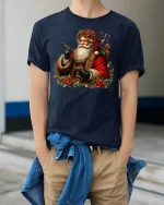 Vintage Santa Holiday Tee with Classic Christmas Artwork - model wearing navy tee with hands in pockets
