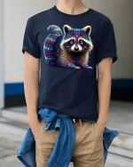 Neon Cosmic Raccoon Tee Adorable Vibrant Glow Art Design - model wearing navy tee with hands in pockets