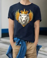 Royal White Lion Crown Tee Majestic King of Beasts Graphic - model wearing navy tee with hands in pockets