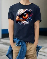 Fiery Eagle Eye Tee Bold Fierce Bird Graphic Art Design - model wearing navy tee with hands in pockets