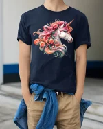 Floral Unicorn Beauty Tee Colorful Fantasy Horse Art Design - model wearing navy tee with hands in pockets