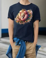 Royal Floral Lion Tee Majestic King Artwork with Elegant Colors - model wearing navy tee with hands in pockets