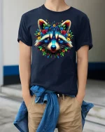 Colorful Floral Raccoon Art Tee with Vibrant Nature Design - model wearing navy tee with hands in pockets