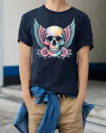 Pastel Winged Skull Tee Gothic Floral Colorful Art Style - model wearing navy tee with hands in pockets