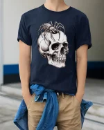 Creepy Spider Skull Tee Dark Gothic Horror Art Graphic - model wearing navy tee with hands in pockets