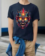 Fiery Demon Mask Tribal Inferno Art Graphic T-Shirt - model wearing navy tee with hands in pockets
