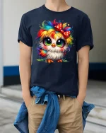 Cute Rainbow Owl Big Eyes Bow Colorful Art Graphic T-Shirt - model wearing navy tee with hands in pockets