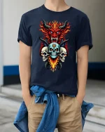 Inferno Demon and Three Skulls Fiery Dark Art Graphic T-Shirt - model wearing navy tee with hands in pockets