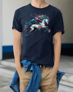 Vibrant Splash Art Unicorn Fantasy Graphic Tee - model wearing navy tee with hands in pockets