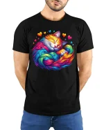 Rainbow Sleeping Cat Love Art Tee with Colorful Heart Design - model wearing black tee with hands behind back