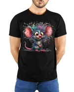 Whimsical Wild Hair Mouse Cartoon Art Tee with Colorful Style - model wearing black tee with hands behind back