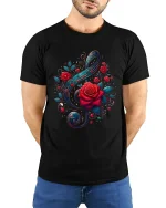 Musical Rose Art Tee with Elegant Treble Clef Floral Design - model wearing black tee with hands behind back