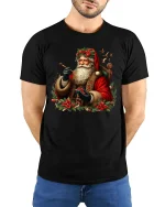 Vintage Santa Holiday Tee with Classic Christmas Artwork - model wearing black tee with hands behind back