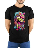 Psychedelic Monster Madness Tee with Neon Horror Art Design - model wearing black tee with hands behind back