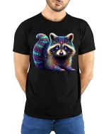 Neon Cosmic Raccoon Tee Adorable Vibrant Glow Art Design - model wearing black tee with hands behind back