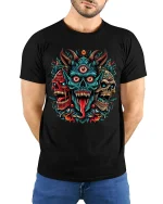 Three Eyed Demon Skull Tee Fierce Tribal Horror Artwork - model wearing black tee with hands behind back