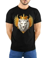 Royal White Lion Crown Tee Majestic King of Beasts Graphic - model wearing black tee with hands behind back