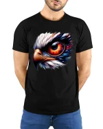 Fiery Eagle Eye Tee Bold Fierce Bird Graphic Art Design - model wearing black tee with hands behind back