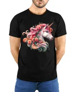 Floral Unicorn Beauty Tee Colorful Fantasy Horse Art Design - model wearing black tee with hands behind back