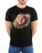Royal Floral Lion Tee Majestic King Artwork with Elegant Colors - model wearing black tee with hands behind back
