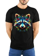 Colorful Floral Raccoon Art Tee with Vibrant Nature Design - model wearing black tee with hands behind back