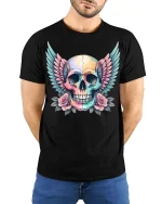 Pastel Winged Skull Tee Gothic Floral Colorful Art Style - model wearing black tee with hands behind back