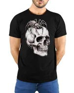 Creepy Spider Skull Tee Dark Gothic Horror Art Graphic - model wearing black tee with hands behind back