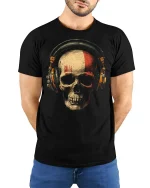 DJ Skull Headphones Tee Vintage Rock Music Graphic Style - model wearing black tee with hands behind back