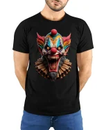 Scary Evil Clown Horror Face Graphic T-Shirt Creepy Design - model wearing black tee with hands behind back
