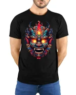 Fiery Demon Mask Tribal Inferno Art Graphic T-Shirt - model wearing black tee with hands behind back