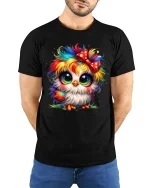 Cute Rainbow Owl Big Eyes Bow Colorful Art Graphic T-Shirt - model wearing black tee with hands behind back