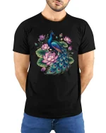 Elegant Peacock and Lotus Flower Beauty Art Graphic T-Shirt - model wearing black tee with hands behind back