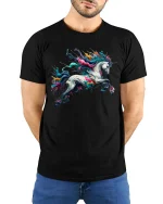 Vibrant Splash Art Unicorn Fantasy Graphic Tee - model wearing black tee with hands behind back