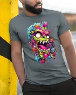 Psychedelic Monster Madness Tee with Neon Horror Art Design - model wearing grey tee, leaning on column