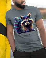Neon Cosmic Raccoon Tee Adorable Vibrant Glow Art Design - model wearing grey tee, leaning on column