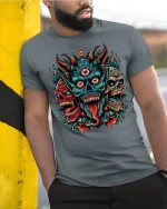 Three Eyed Demon Skull Tee Fierce Tribal Horror Artwork - model wearing grey tee, leaning on column