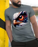 Fiery Eagle Eye Tee Bold Fierce Bird Graphic Art Design - model wearing grey tee, leaning on column