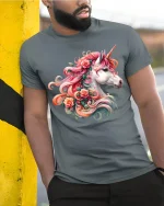 Floral Unicorn Beauty Tee Colorful Fantasy Horse Art Design - model wearing grey tee, leaning on column