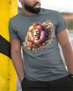 Royal Floral Lion Tee Majestic King Artwork with Elegant Colors - model wearing grey tee, leaning on column