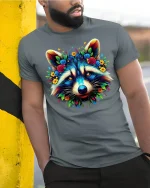 Colorful Floral Raccoon Art Tee with Vibrant Nature Design - model wearing grey tee, leaning on column