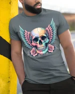 Pastel Winged Skull Tee Gothic Floral Colorful Art Style - model wearing grey tee, leaning on column