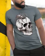 Creepy Spider Skull Tee Dark Gothic Horror Art Graphic - model wearing grey tee, leaning on column