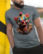 Scary Evil Clown Horror Face Graphic T-Shirt Creepy Design - model wearing grey tee, leaning on column