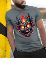 Fiery Demon Mask Tribal Inferno Art Graphic T-Shirt - model wearing grey tee, leaning on column