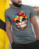 Cute Rainbow Owl Big Eyes Bow Colorful Art Graphic T-Shirt - model wearing grey tee, leaning on column