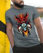 Inferno Demon and Three Skulls Fiery Dark Art Graphic T-Shirt - model wearing grey tee, leaning on column